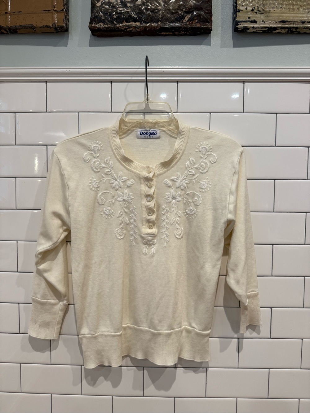 Cream Vintage-inspired Embroidered Henley Sweater - Women's
